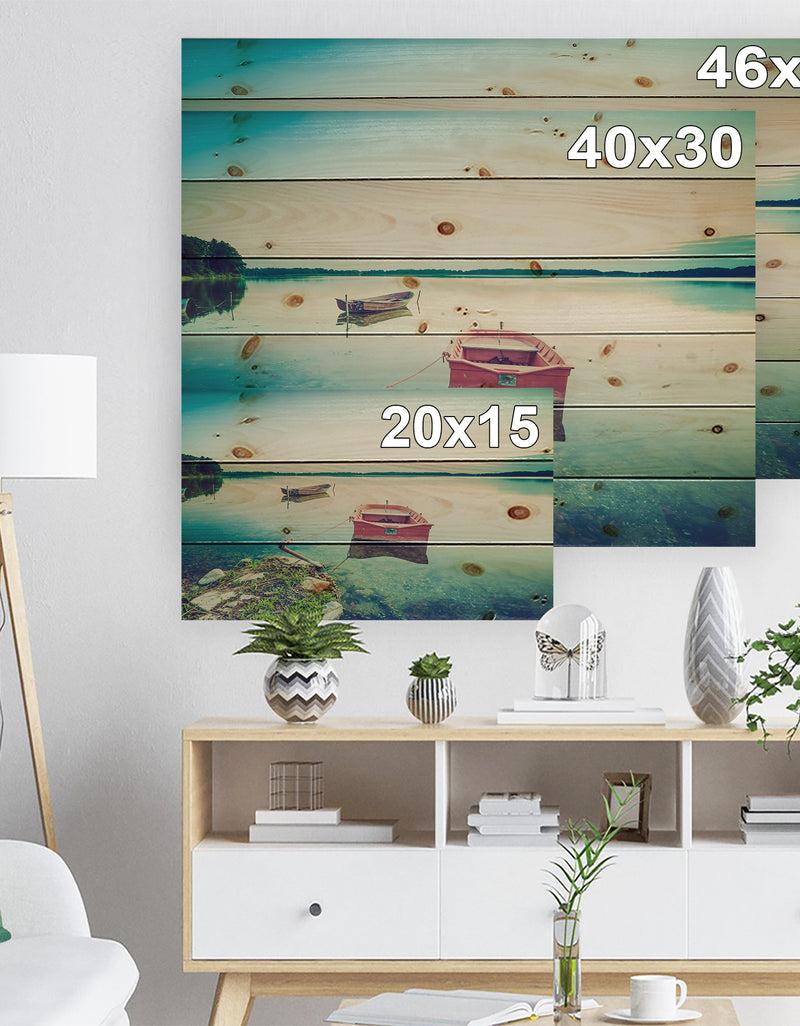 Designq Beautiful Lake Vintage View - Boat Print On Natural Pine Wood