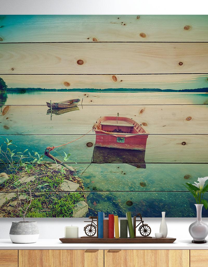 designq Beautiful Lake Vintage View - Boat Print on Natural Pine Wood