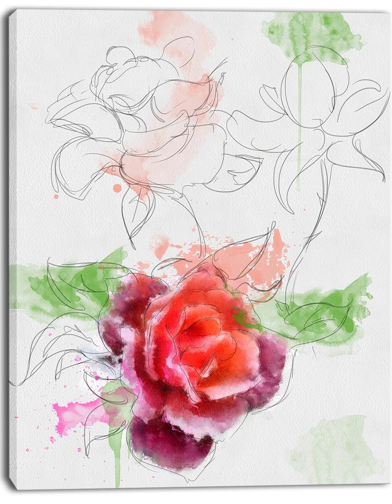 Designq Beautiful Rose With Rose Sketches - Floral Canvas Artwork Print