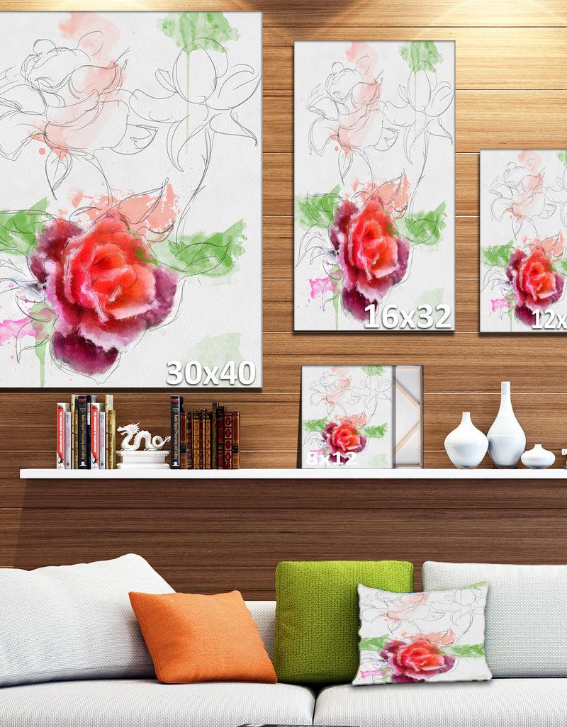 Designq Beautiful Rose With Rose Sketches - Floral Canvas Artwork Print