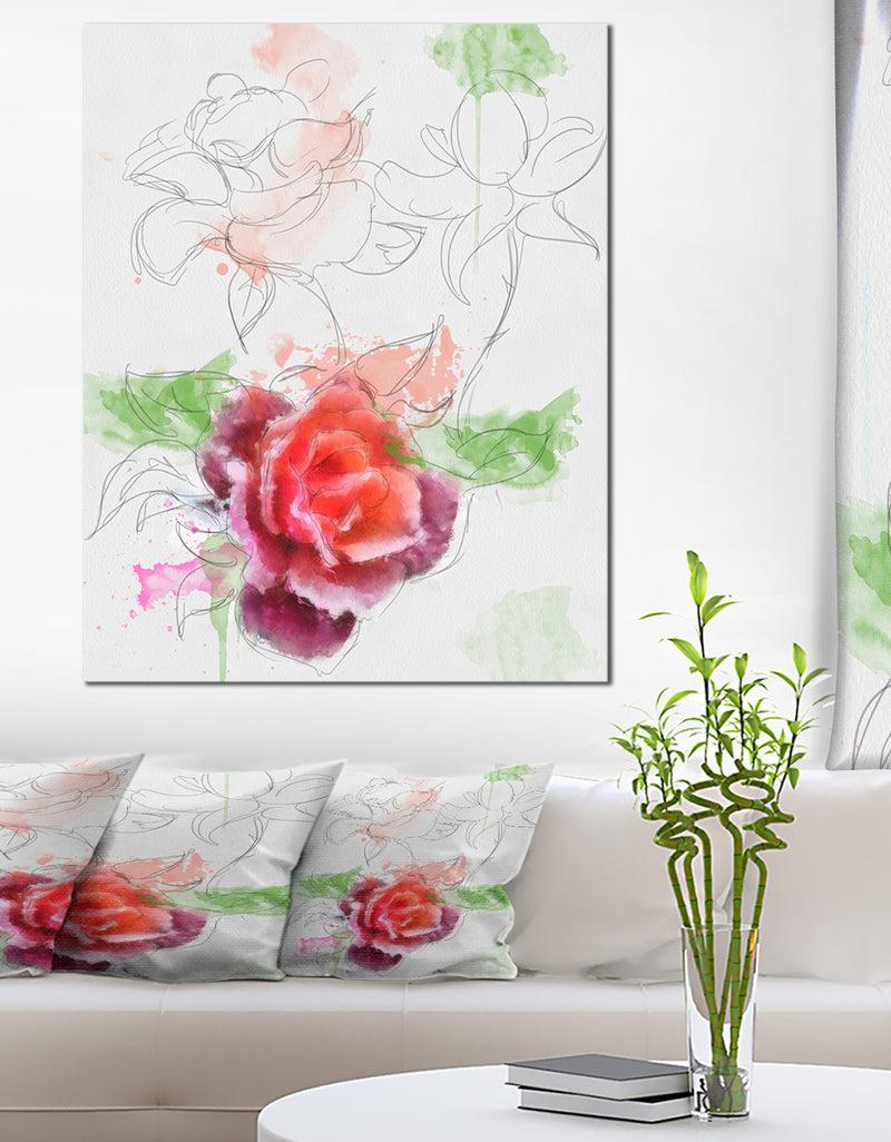 designq Beautiful Rose with Rose Sketches - Floral Canvas Artwork Print