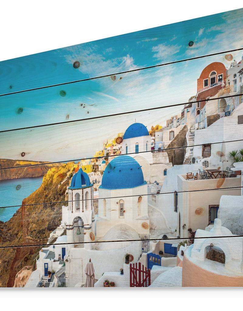 Designq Beautiful Santorin Houses Greece - Cityscape Print On Natural Pine Wood