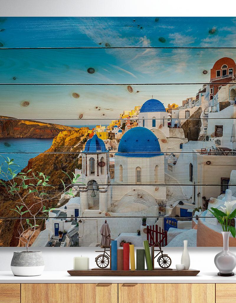 designq Beautiful Santorin Houses Greece - Cityscape Print on Natural Pine Wood