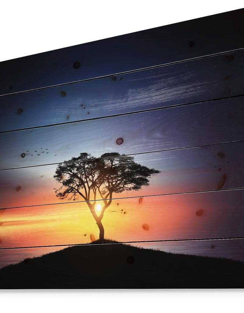 Designq Beautiful Sunset Over Lonely Tree - Landscape Print On Natural Pine Wood