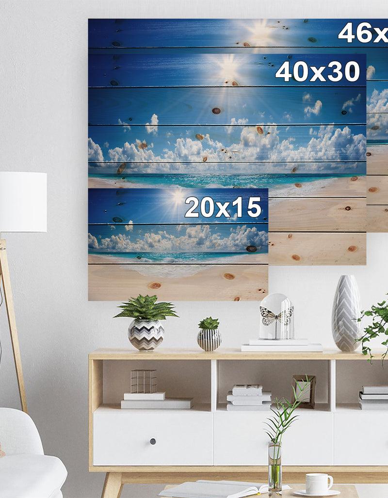 Designq Beautiful Tropical Beach Panorama - Modern Seashore Print On Natural Pine Wood