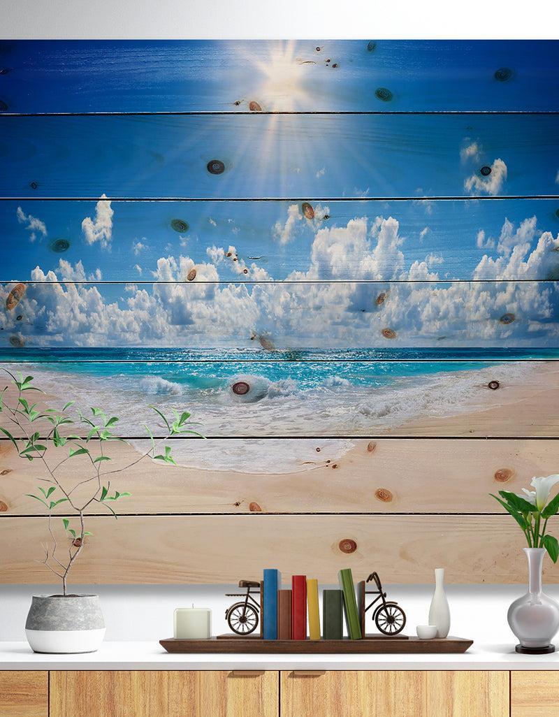 designq Beautiful Tropical Beach Panorama - Modern Seashore Print on Natural Pine Wood