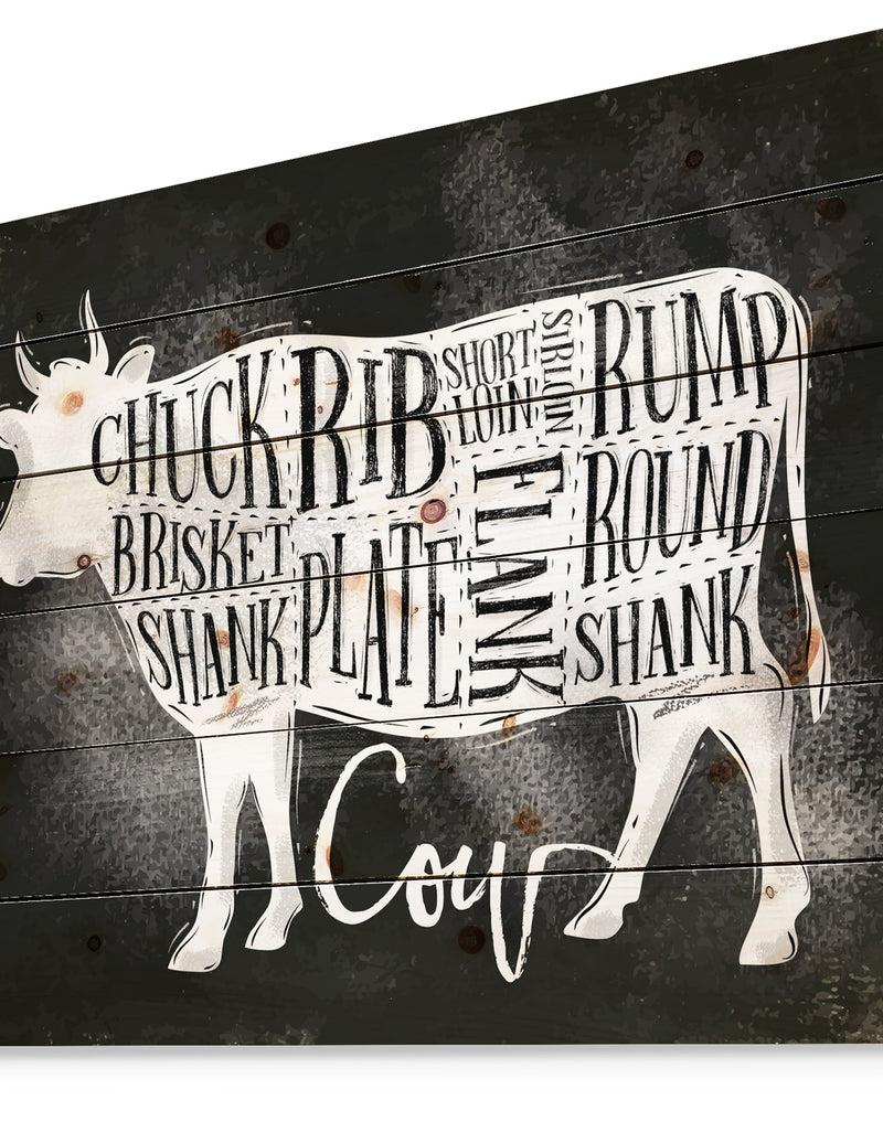 Designq Beef Cutting Scheme Chalk - Farmhouse Animal Painting Print On Natural Pine Wood