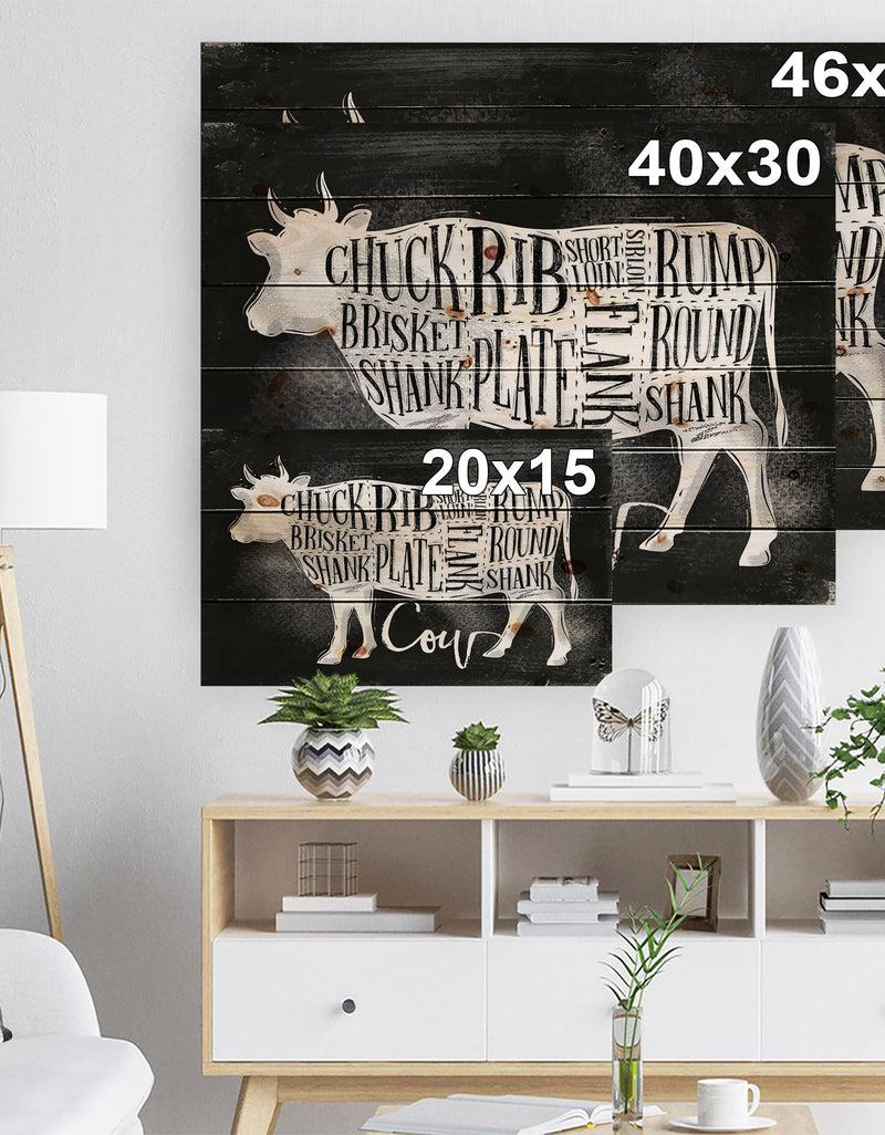 Designq Beef Cutting Scheme Chalk - Farmhouse Animal Painting Print On Natural Pine Wood
