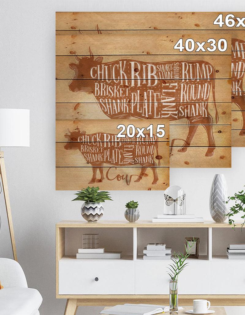 Designq Beef Cutting Scheme Craft - Farmhouse Animal Painting Print On Natural Pine Wood