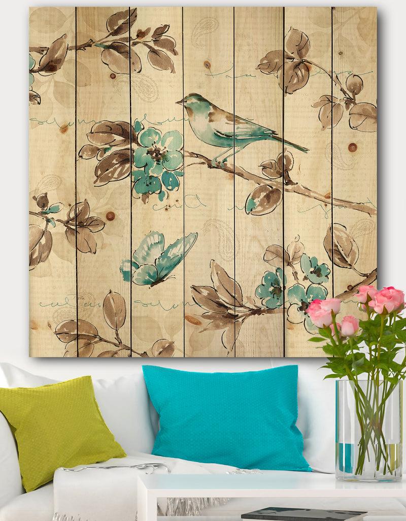 designq Beige Bird Wings - Cottage Print on Natural Pine Wood