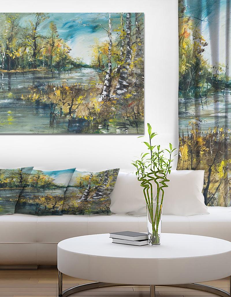 designq Birch Forest River - Landscapes Painting Print on Wrapped Canvas