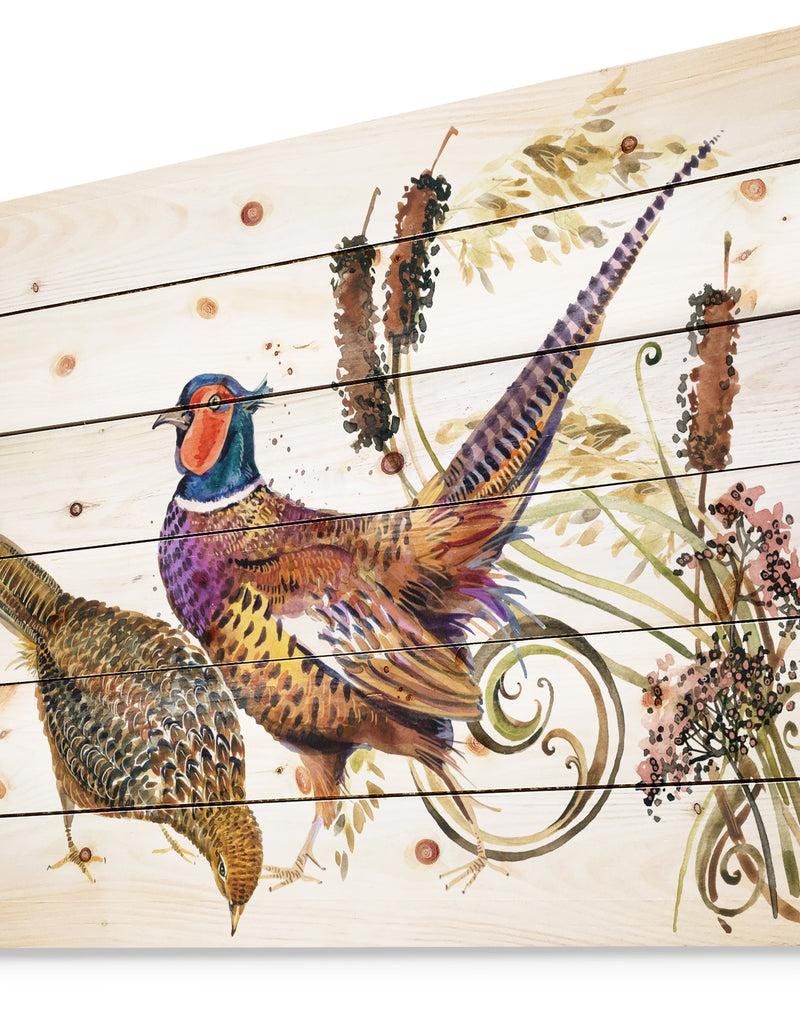 Designq Bird Pheasant Watercolor Illustration - Farmhouse Animal Painting Print On Natural Pine Wood