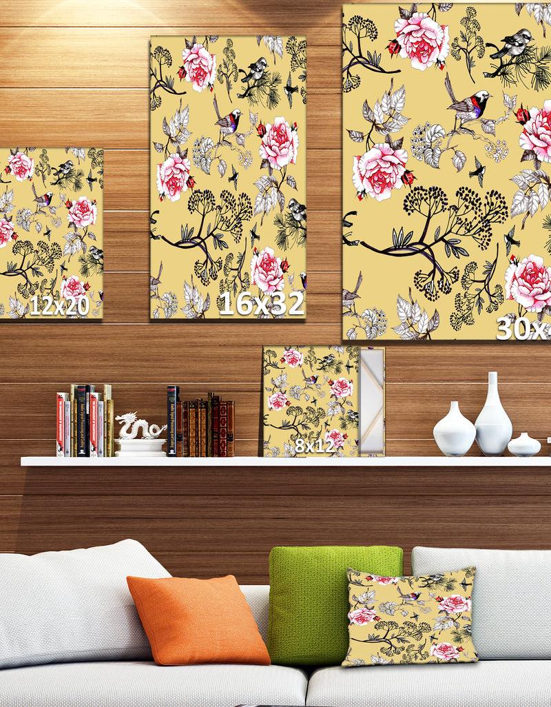 Designq Birds And Pink Roses Floral Pattern - Floral Painting Print On Wrapped Canvas