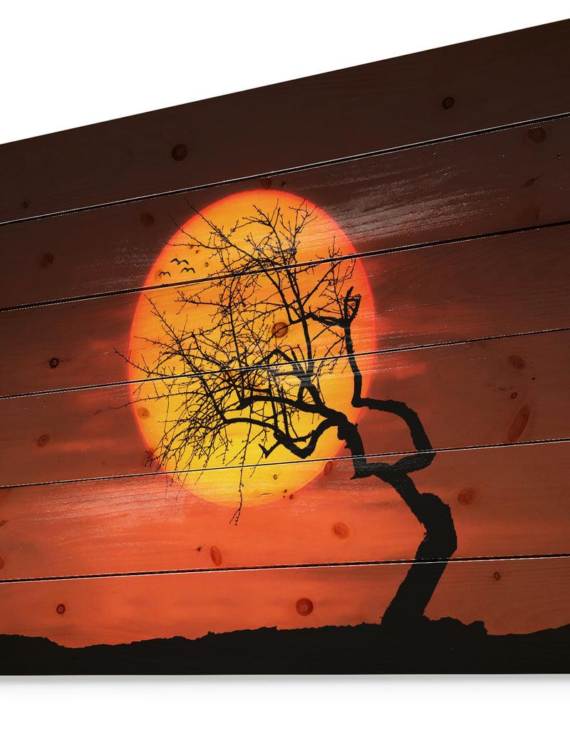 Designq Birds And Tree Silhouette At Sunset - Landscape Print On Natural Pine Wood