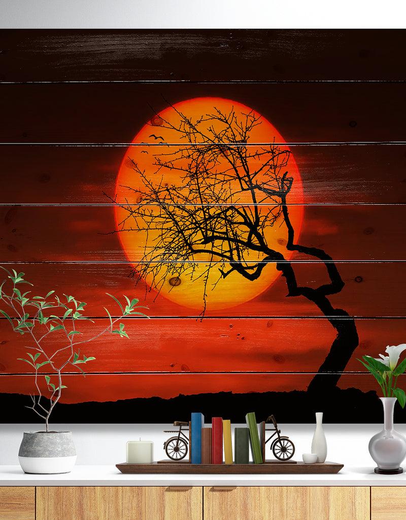 designq Birds and Tree Silhouette at Sunset - Landscape Print on Natural Pine Wood