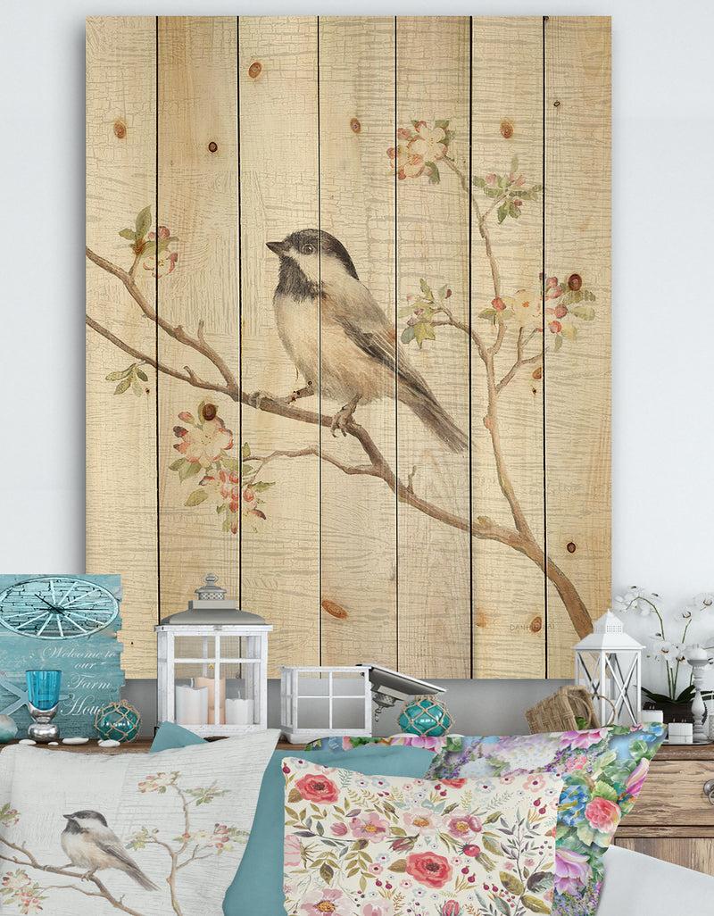 designq Birds on Blossom I - Farmhouse Print on Natural Pine Wood