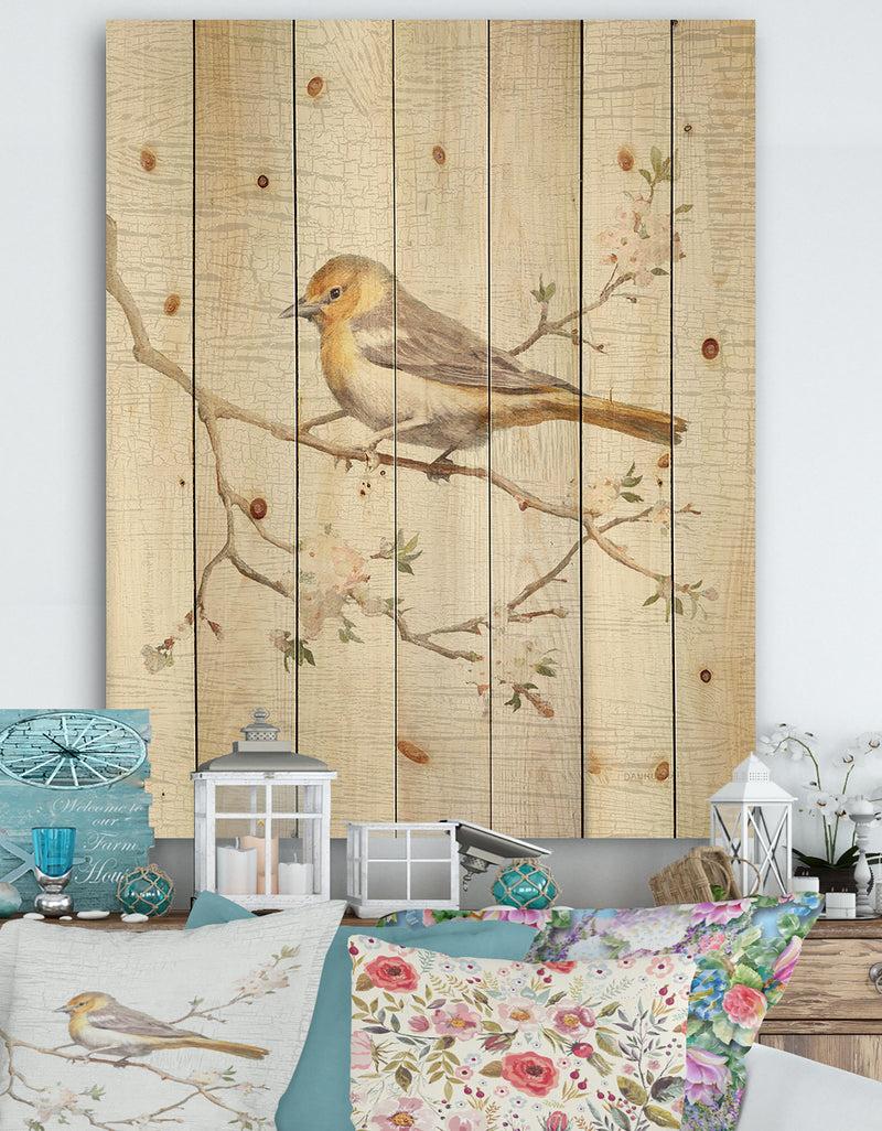 designq Birds on Blossom II - Farmhouse Print on Natural Pine Wood