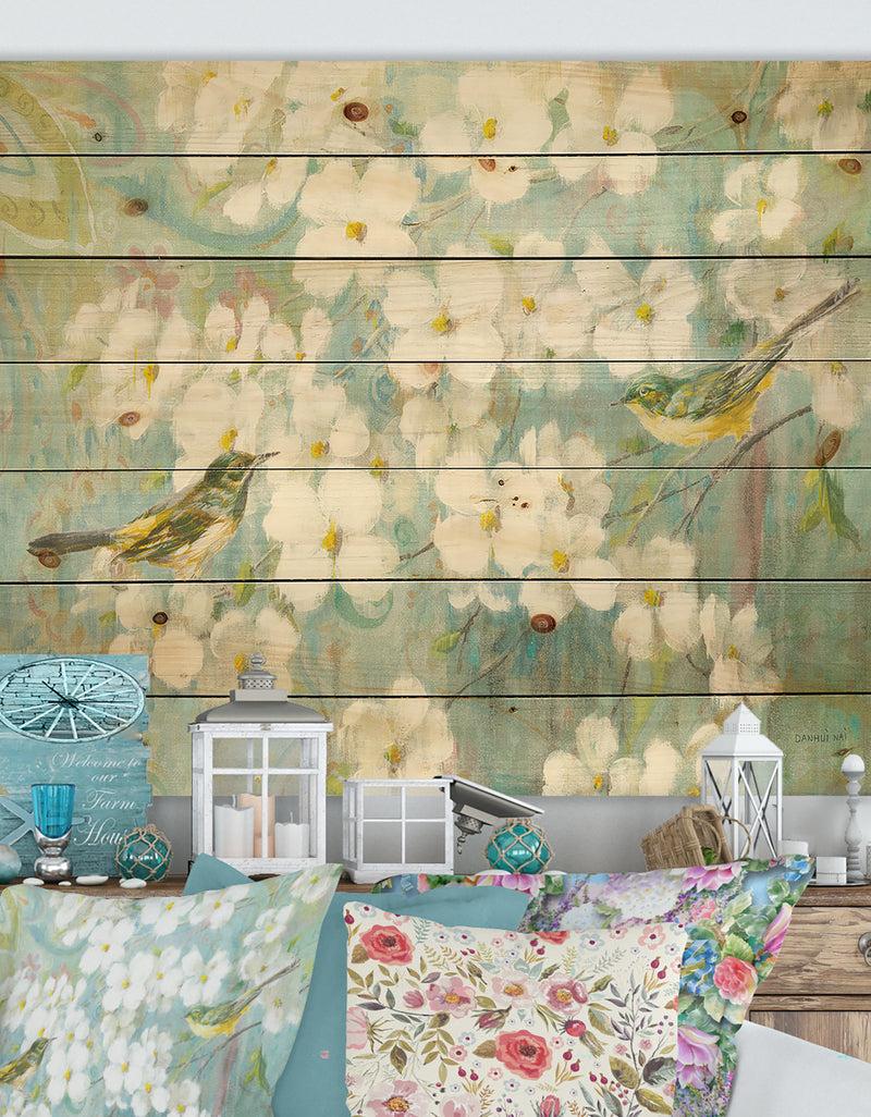 designq Birds on Blossom - Traditional Print on Natural Pine Wood
