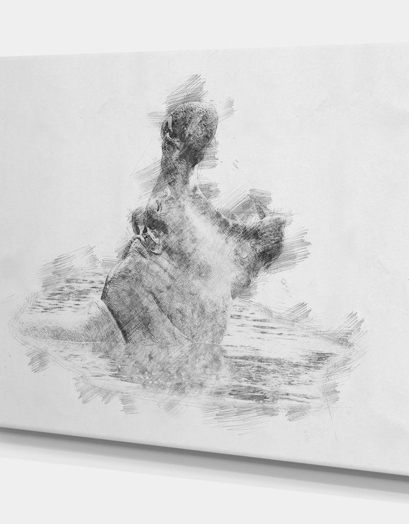 Designq Black And White Hippo Sketch - Animals Painting Print On Wrapped Canvas