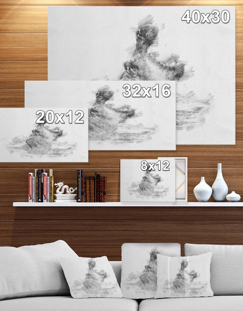 Designq Black And White Hippo Sketch - Animals Painting Print On Wrapped Canvas