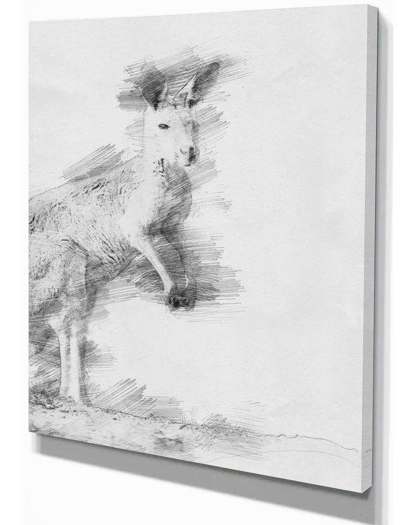 Designq Black And White Kangaroo Sketch - Animals Painting Print On Wrapped Canvas
