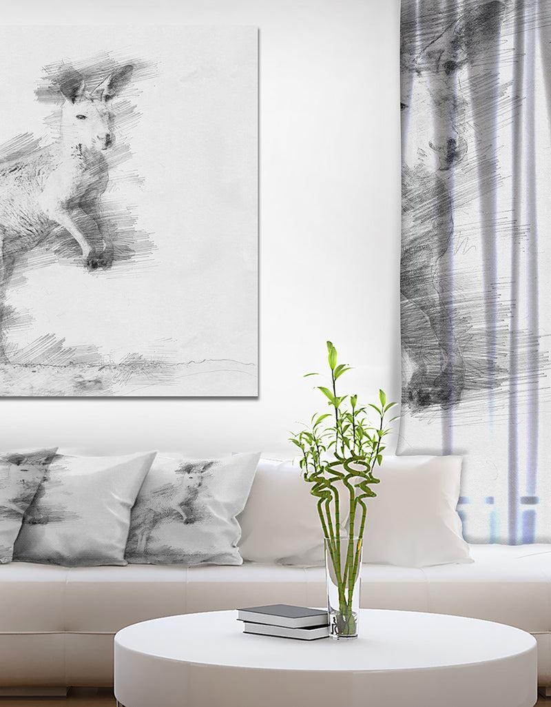designq Black and White Kangaroo Sketch - Animals Painting Print on Wrapped Canvas
