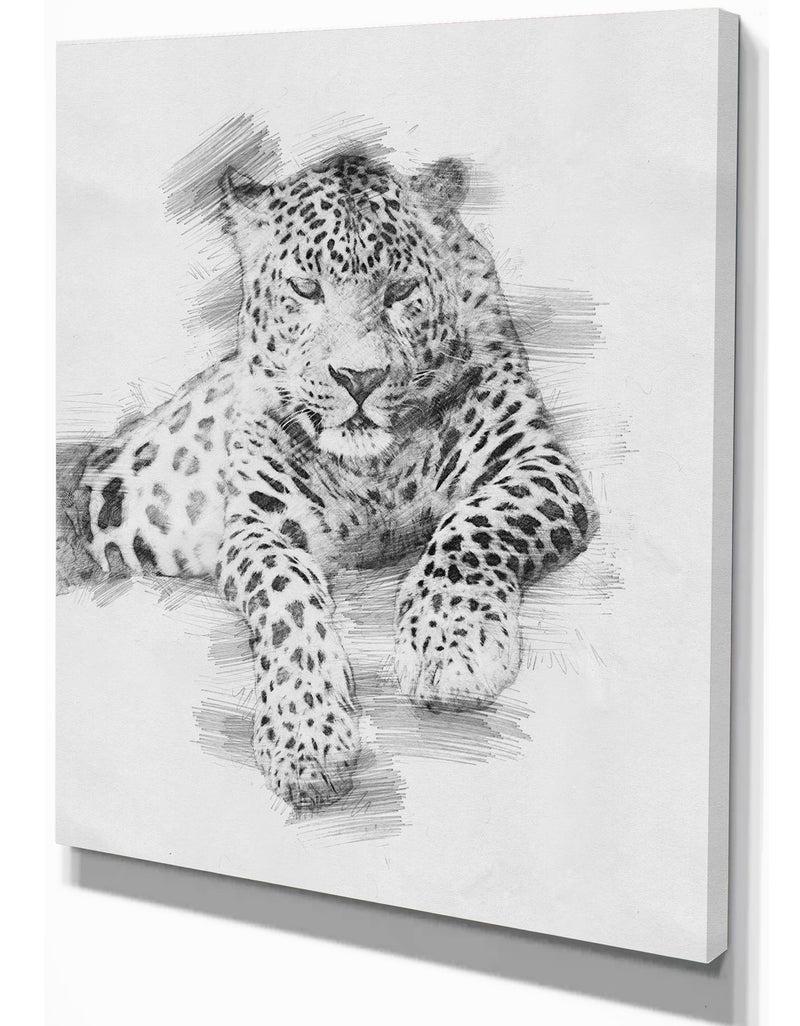 Designq Black And White Leopard Pencil Sketch - Animals Painting Print On Wrapped Canvas