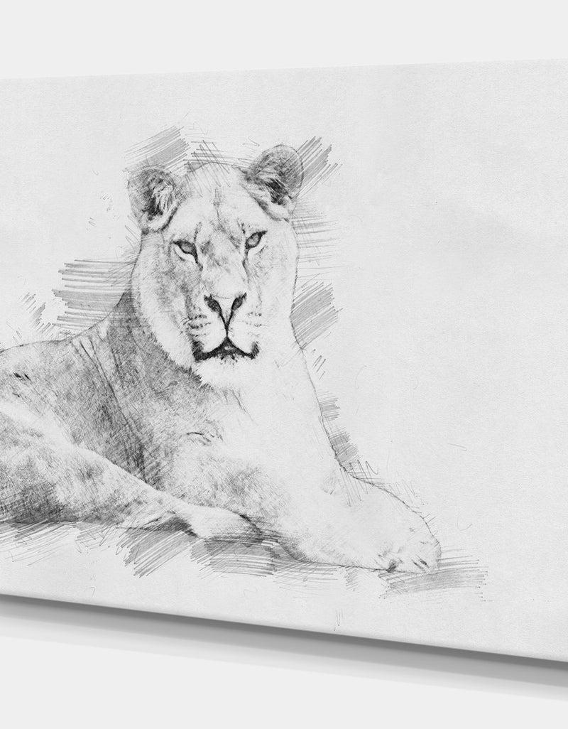 Designq Black And White Lion Sketch - Animals Painting Print On Wrapped Canvas
