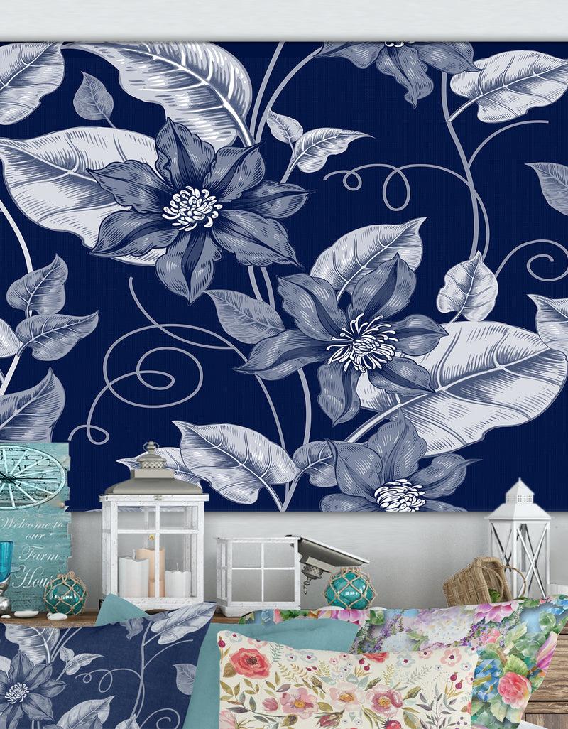 designq Black and white pattern with flowers clematis. - Cottage Canvas Wall Art