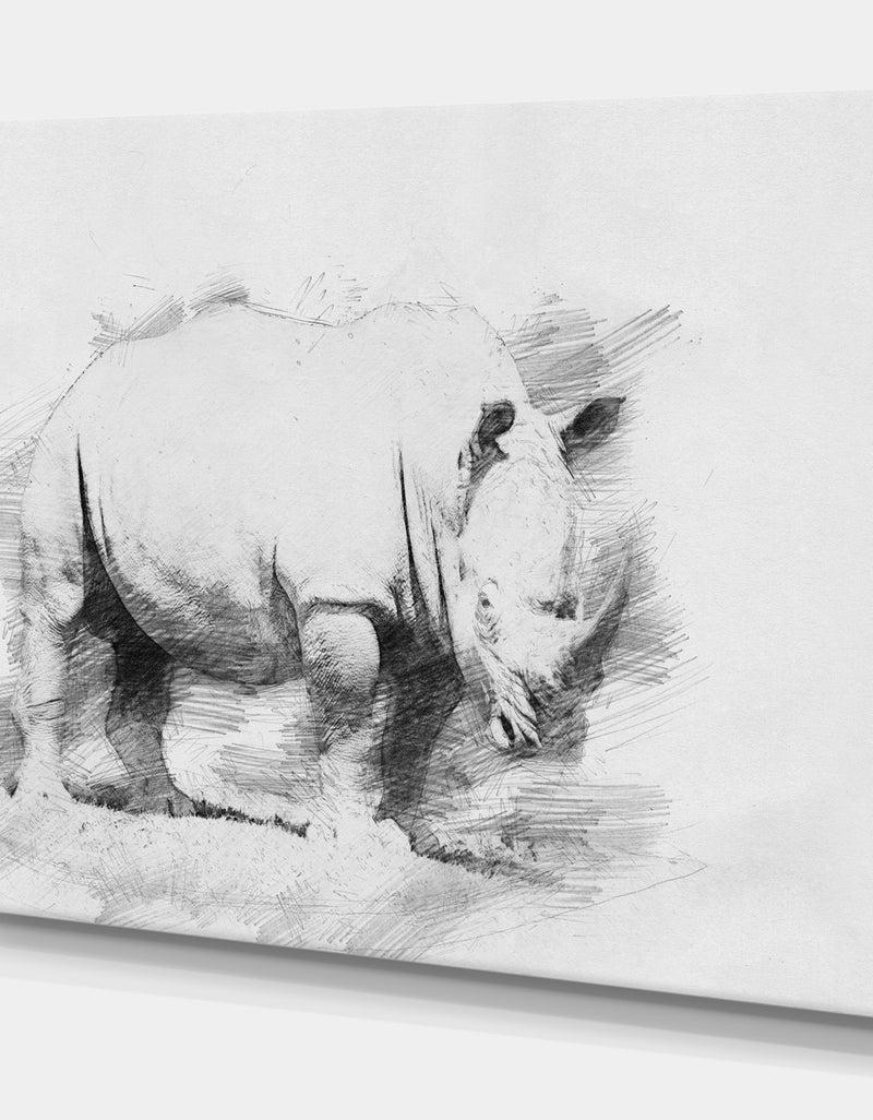 Designq Black And White Rhino Sketch - Animals Painting Print On Wrapped Canvas