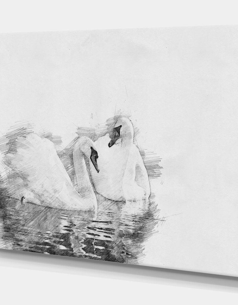 Designq Black And White Swan Pencil Sketch - Animals Painting Print On Wrapped Canvas