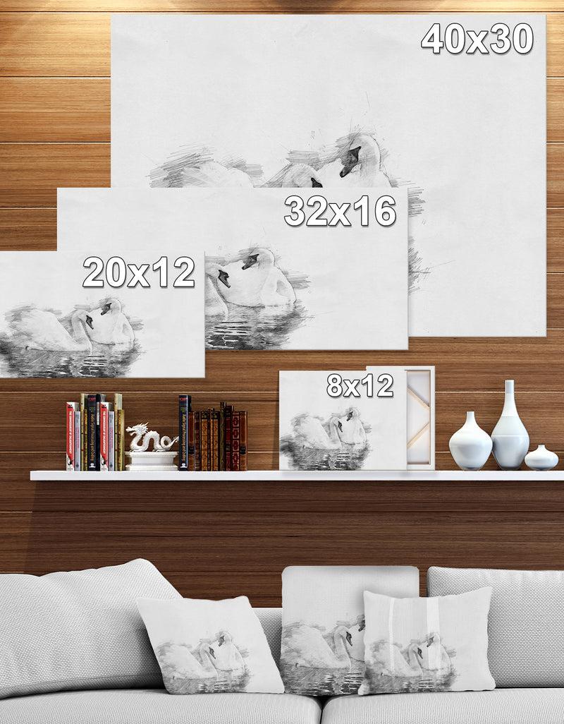 Designq Black And White Swan Pencil Sketch - Animals Painting Print On Wrapped Canvas