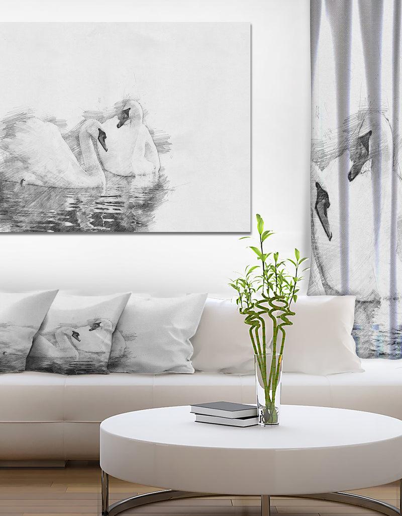 designq Black and White Swan Pencil Sketch - Animals Painting Print on Wrapped Canvas