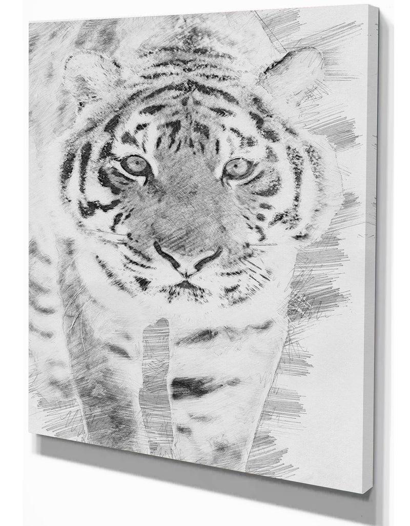 Designq Black And White Tiger Sketch - Animals Painting Print On Wrapped Canvas