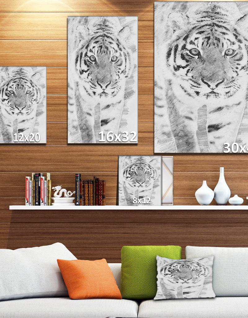 Designq Black And White Tiger Sketch - Animals Painting Print On Wrapped Canvas