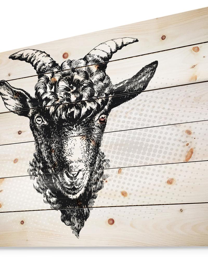 Designq Black Goat - Farmhouse Animal Painting Print On Natural Pine Wood