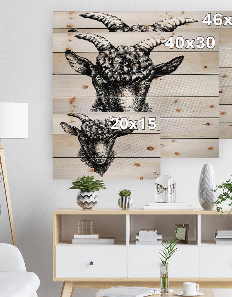 Designq Black Goat - Farmhouse Animal Painting Print On Natural Pine Wood