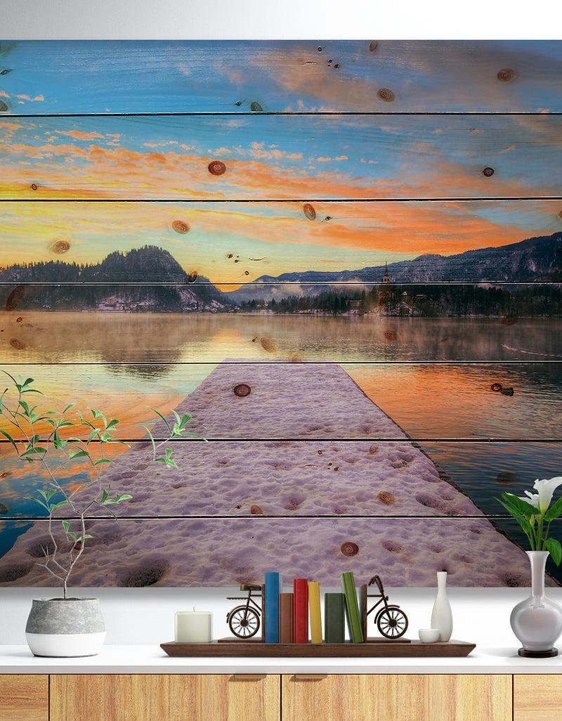 designq Bled With Lake in Winter Slovenia - Bridge Print on Natural Pine Wood