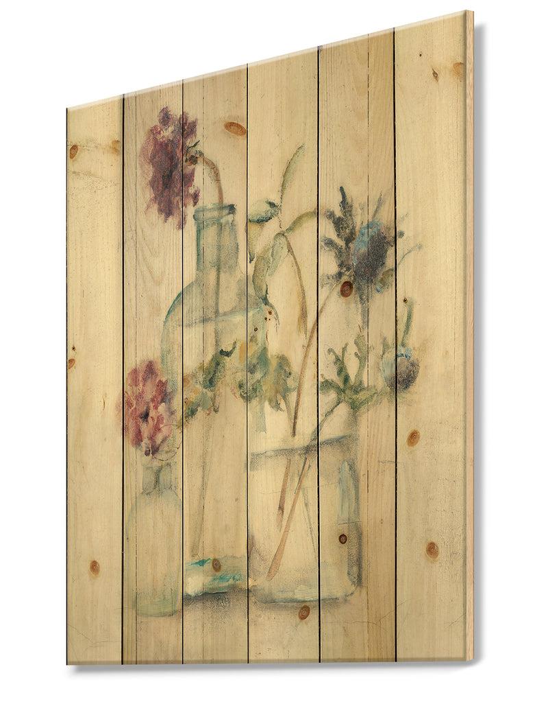 Designq Blossoms On Birch Cottage Bouquet II - Farmhouse Print On Natural Pine Wood