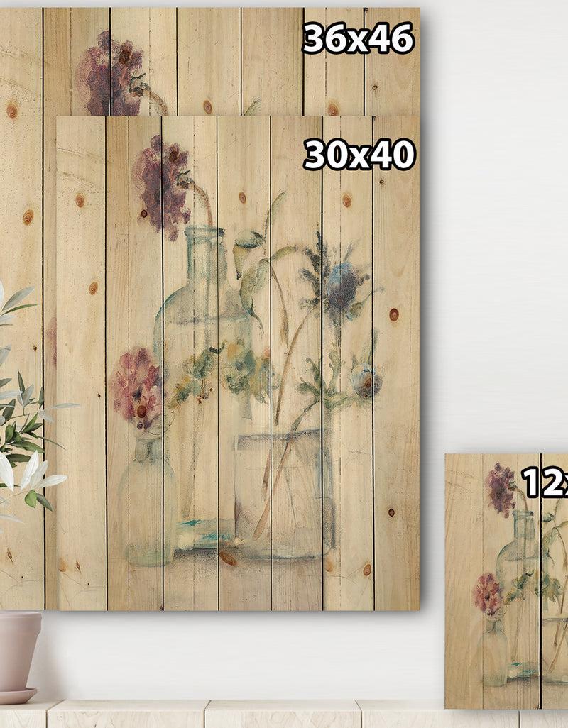 Designq Blossoms On Birch Cottage Bouquet II - Farmhouse Print On Natural Pine Wood