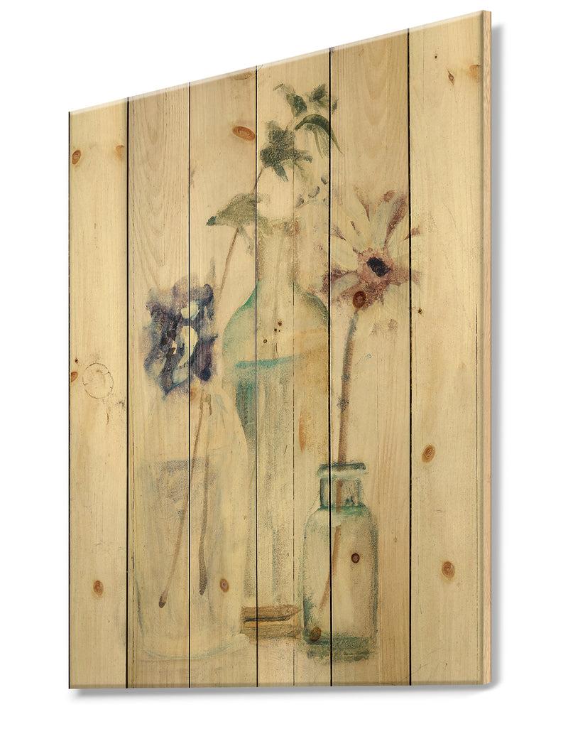 Designq Blossoms On Birch Cottage Bouquet III - Farmhouse Print On Natural Pine Wood