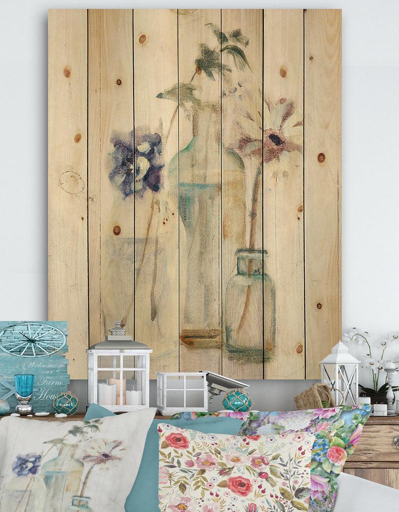 designq Blossoms on Birch Cottage Bouquet III - Farmhouse Print on Natural Pine Wood