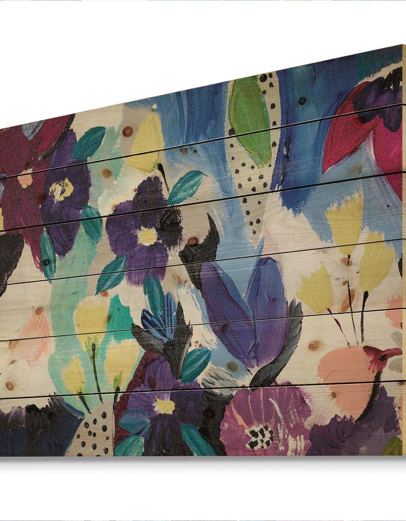 Designq Blue And Purple Flower Composition I - Floral Print On Natural Pine Wood