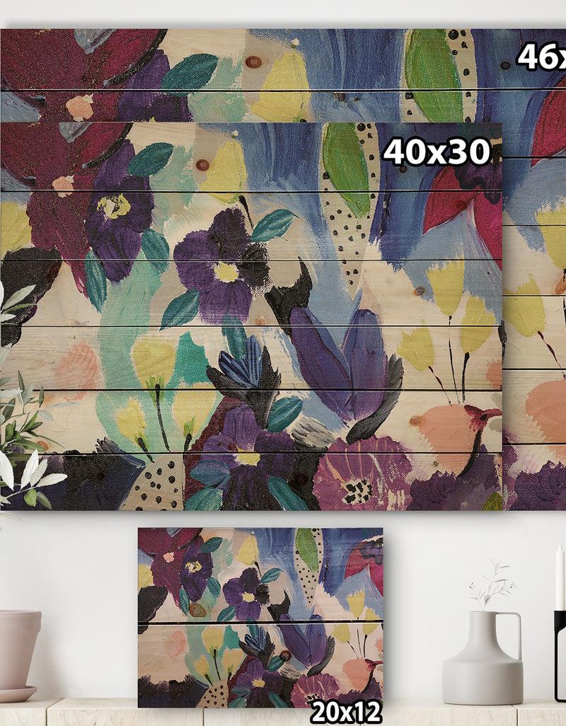 Designq Blue And Purple Flower Composition I - Floral Print On Natural Pine Wood