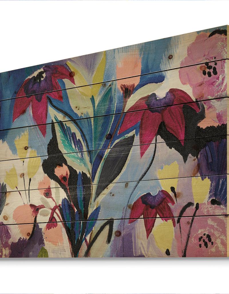 Designq Blue And Purple Flower Composition II - Floral Print On Natural Pine Wood