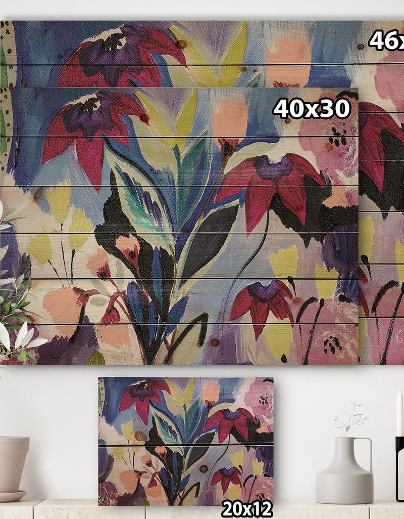 Designq Blue And Purple Flower Composition II - Floral Print On Natural Pine Wood