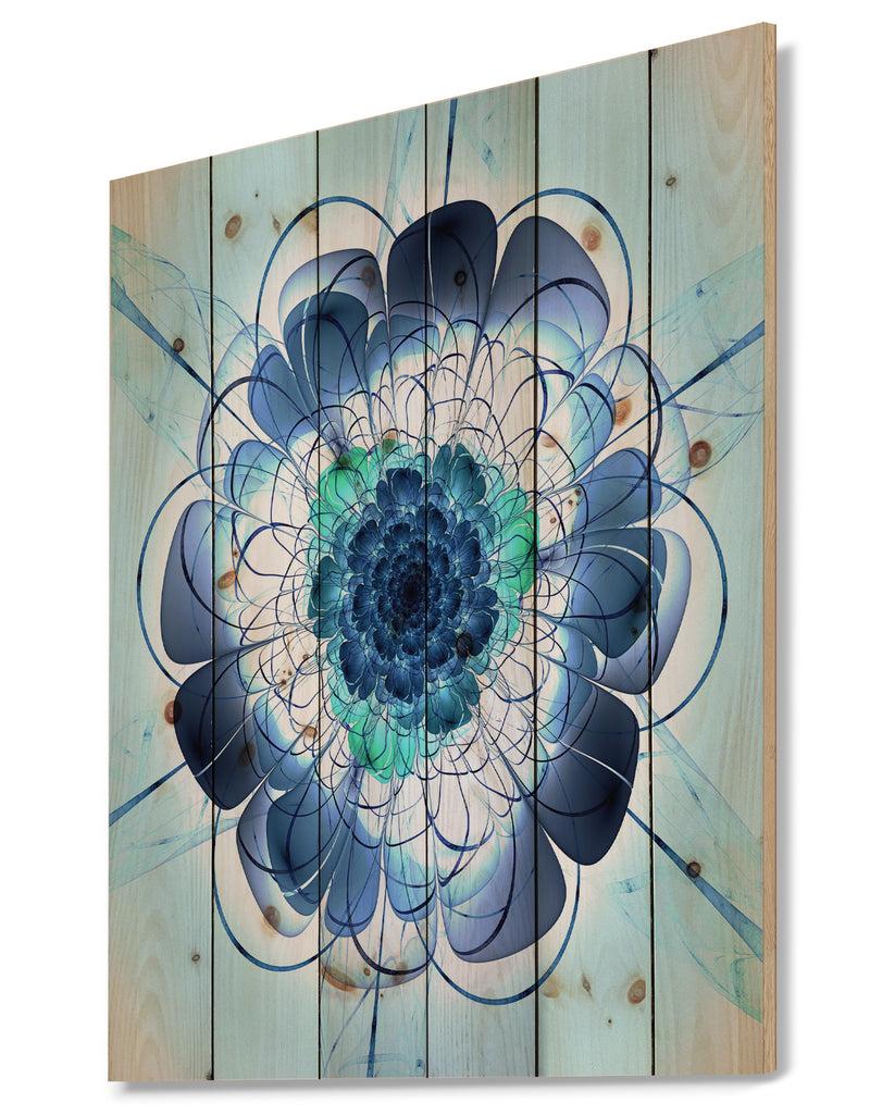Designq Blue And Purple Rounded Flower - Floral Art Print On Natural Pine Wood