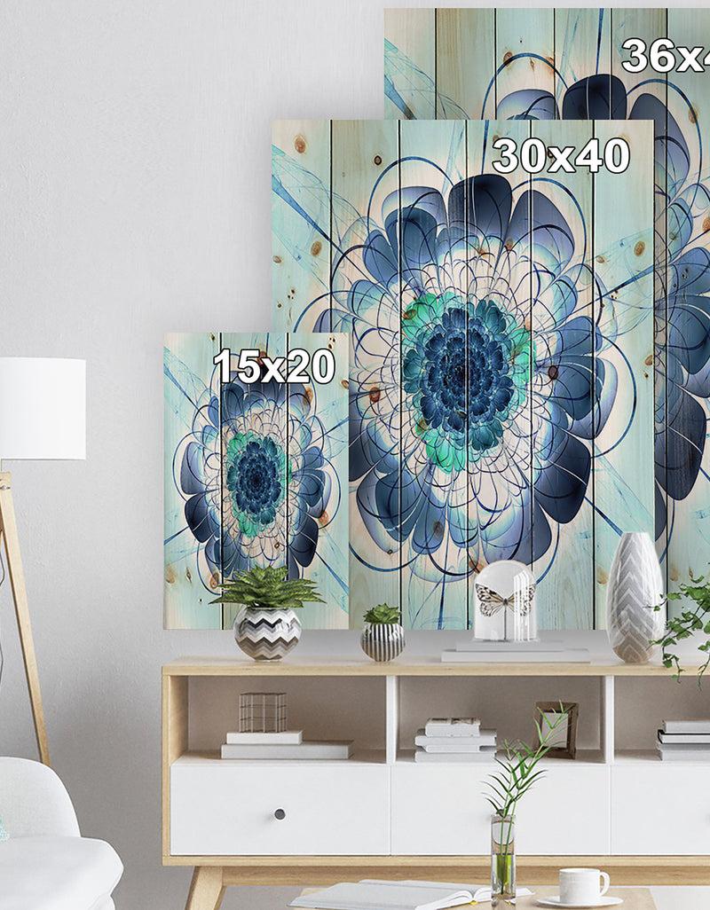 Designq Blue And Purple Rounded Flower - Floral Art Print On Natural Pine Wood