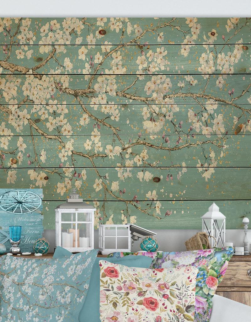 designq Blue April Tree - Traditional Print on Natural Pine Wood