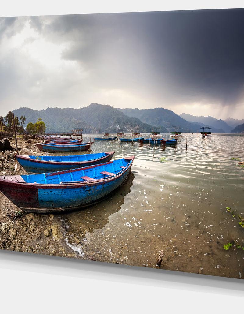 Designq Blue Boats In Pokhara Lake - Boat Canvas Wall Art